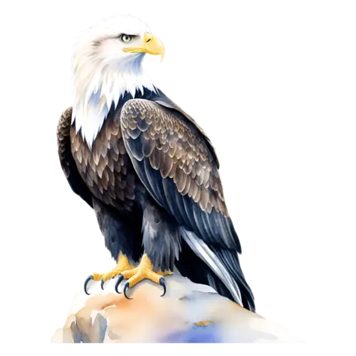 Eagle calling with open beak, white head raised, powerful raptors with hooked beaks, watercolor painting, transparent background