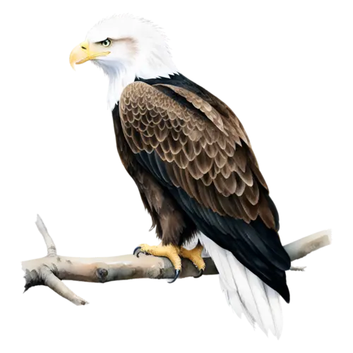 Eagle landing with broad wings spread wide, powerful raptors with hooked beaks, watercolor painting, transparent background