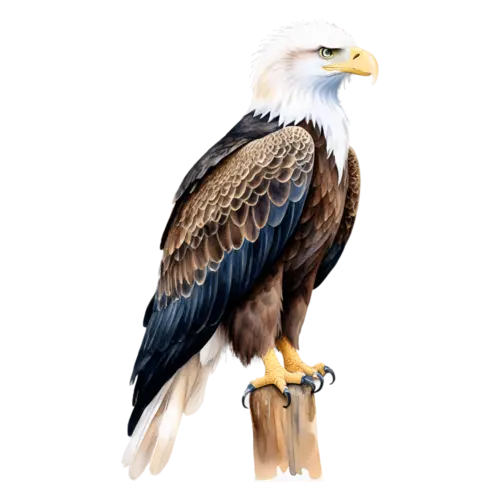 Eagle perched on a cliff edge, dark plumage and feathered legs, powerful raptors with hooked beaks, watercolor painting, transparent background