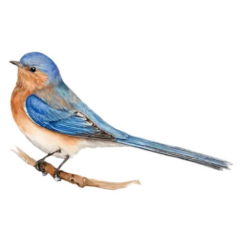Eastern Bluebird on a slender branch looking forward, deep blue upperparts and a warm rusty-orange breast, watercolor painting, transparent background
