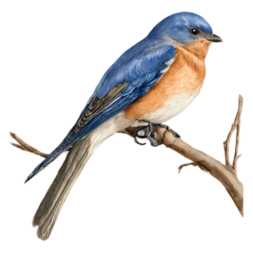 Eastern Bluebird perched with head turned, deep blue upperparts and a warm rusty-orange breast, watercolor painting, transparent background