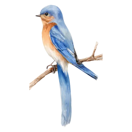 Eastern Bluebird alert on a thin branch, deep blue upperparts and a warm rusty-orange breast, watercolor painting, transparent background
