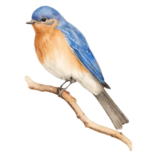 Eastern Bluebird perched calmly on a branch, deep blue upperparts and a warm rusty-orange breast, watercolor painting, transparent background