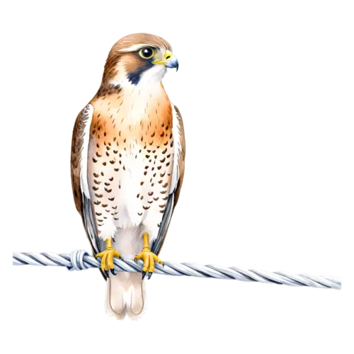 Falcon small bird perched on a wire, rusty back and spotted breast, swift, watercolor painting, transparent background