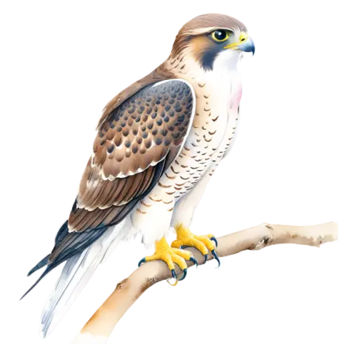Falcon hovering with wings beating and tail fanned, swift, watercolor painting, transparent background