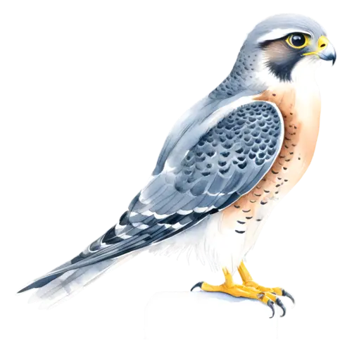 Falcon pale grey-and-white bird perched, fierce dark eye, swift, watercolor painting, transparent background