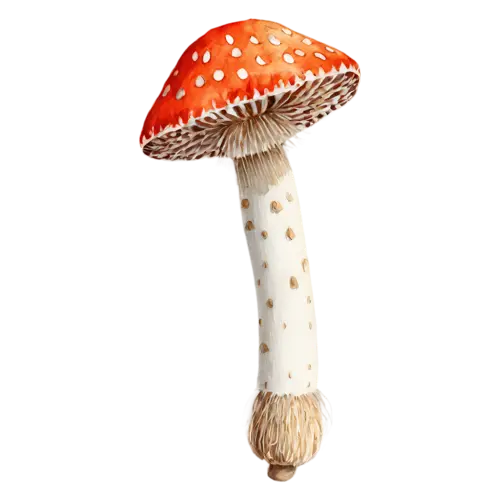 Fly Agaric with a rounded young button cap, a bright red cap dotted with white flecks above a ringed white stem, watercolor painting, transparent background