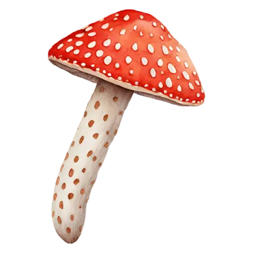 Fly Agaric with a deep crimson cap and creamy gills, a bright red cap dotted with white flecks above a ringed white stem, watercolor painting, transparent background