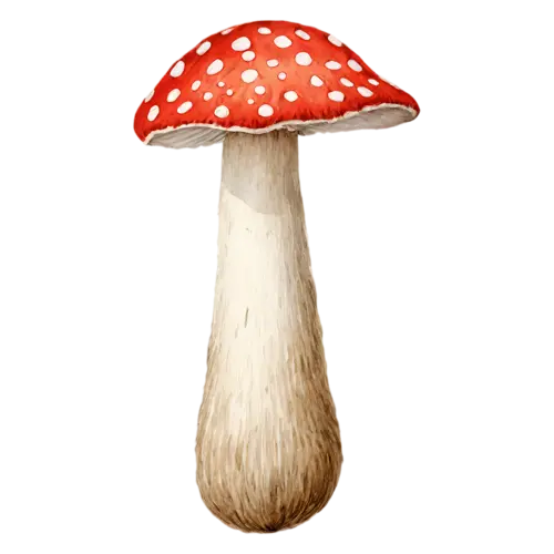 Fly Agaric tilted slightly with a spotted red cap, a bright red cap dotted with white flecks above a ringed white stem, watercolor painting, transparent background
