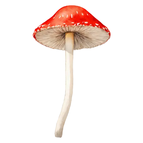 Fly Agaric with a wide parasol cap and slender stem, a bright red cap dotted with white flecks above a ringed white stem, watercolor painting, transparent background