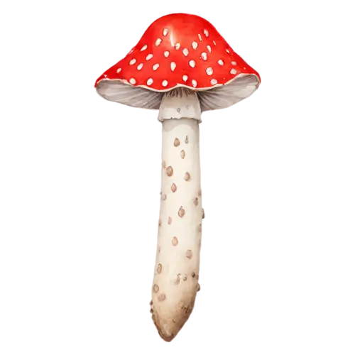 Fly Agaric with a bell-shaped red cap and white spots, a bright red cap dotted with white flecks above a ringed white stem, watercolor painting, transparent background