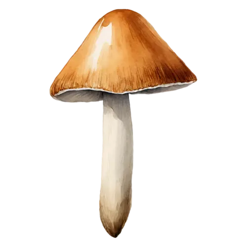 Forest Mushroom with a rounded tan cap and thick stem, earthy brown and tan caps on slender pale stems in a soft woodland palette, watercolor painting, transparent background