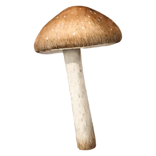 Forest Mushroom with a wide flat cap and ringed stem, earthy brown and tan caps on slender pale stems in a soft woodland palette, watercolor painting, transparent background