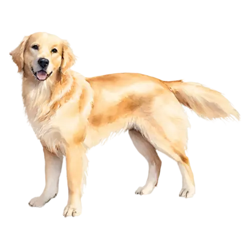 Golden Retriever walking in full body view, a luxurious golden coat, watercolor painting, transparent background