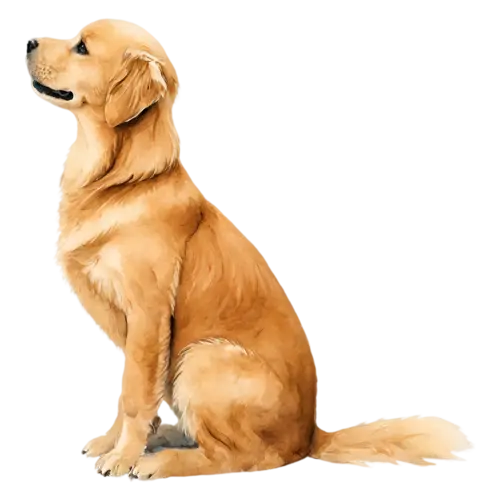 Golden Retriever sitting calmly looking up, a luxurious golden coat, watercolor painting, transparent background
