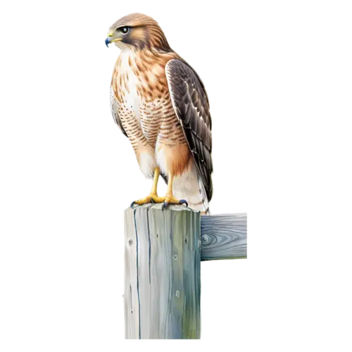 Hawk perched on a fence post, streaked brown and white breast, sharp-eyed raptors with hooked beaks, watercolor painting, transparent background