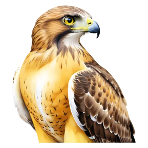 Hawk head and shoulders portrait, sharp hooked beak and yellow cere, sharp-eyed raptors with hooked beaks, watercolor painting, transparent background