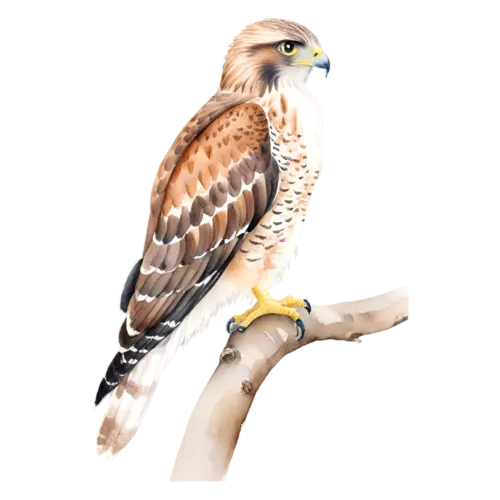 Hawk perched in side profile, broad rounded wings folded, sharp-eyed raptors with hooked beaks, watercolor painting, transparent background