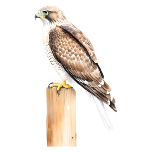 Hawk perched upright, slate-grey back and orange-barred breast, sharp-eyed raptors with hooked beaks, watercolor painting, transparent background