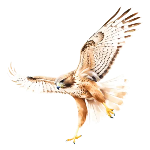Hawk calling with open beak and a fierce stare, sharp-eyed raptors with hooked beaks, watercolor painting, transparent background