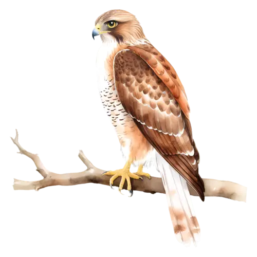 Hawk perched gripping a post with yellow talons, sharp-eyed raptors with hooked beaks, watercolor painting, transparent background