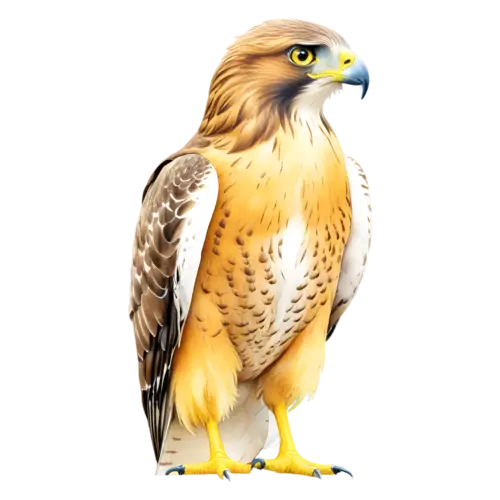 Hawk landing with wings spread and tail fanned, sharp-eyed raptors with hooked beaks, watercolor painting, transparent background