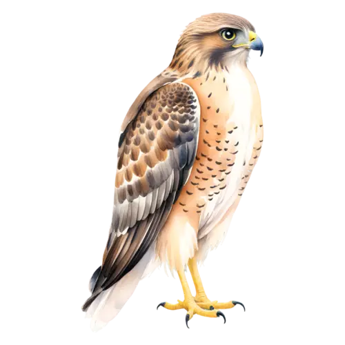 Hawk perched and looking down for prey, sharp-eyed raptors with hooked beaks, watercolor painting, transparent background