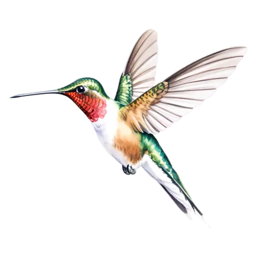 Hummingbird ruby-throated hummingbird in flight, side profile, tiny iridescent hummingbirds with long slender bills and shimmering green, watercolor painting, transparent background