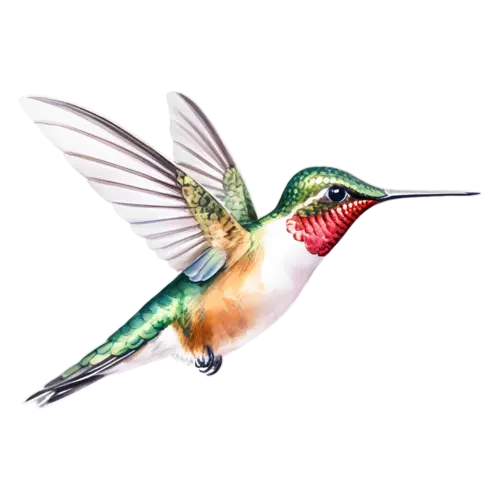 Hummingbird small green hummingbird perched, looking upward, tiny iridescent hummingbirds with long slender bills and shimmering green, watercolor painting, transparent background