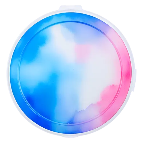 Lid for a plastic food container in blue and pink watercolor with snap tabs, top view, watercolor painting, transparent background