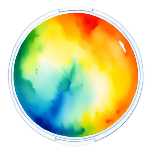 Lid for a plastic food container in rainbow watercolor with snap tabs, top view, watercolor painting, transparent background