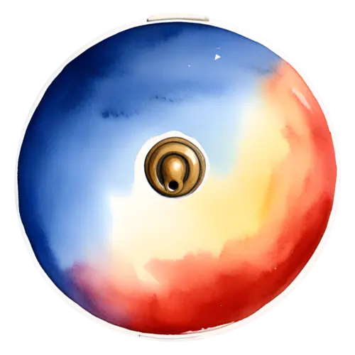 Lid with a turned wooden knob on a blue-and-red watercolor top, top view, watercolor painting, transparent background
