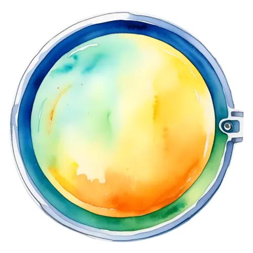 Lid for a canning jar, a sunny yellow disc in a blue ring band with a side clamp, top view, watercolor painting, transparent background