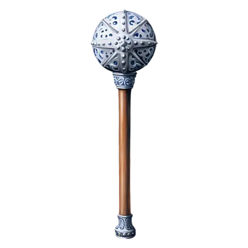 Mace with an ornate silver-and-blue studded globe head on a dark wooden handle, watercolor painting, transparent background