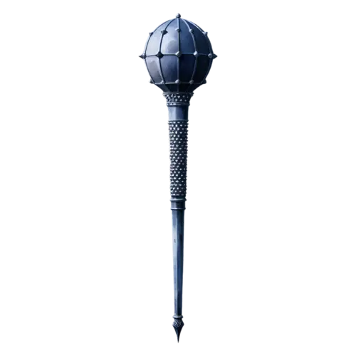 Mace with a gothic dark iron paneled head and studded grip, watercolor painting, transparent background