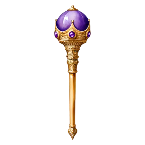 Mace with a jeweled fantasy head in deep purple and gold, watercolor painting, transparent background