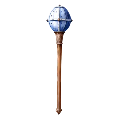 Mace with a blue-and-white paneled globe head on a carved wooden shaft, watercolor painting, transparent background