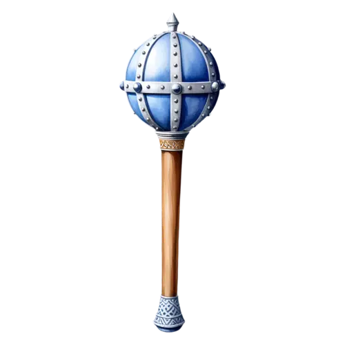 Mace with a riveted blue globe head on a wooden shaft and patterned pommel, watercolor painting, transparent background