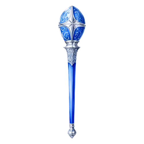 Mace with a polished silver knight's head and blue grip, watercolor painting, transparent background
