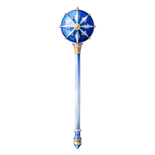 Mace with a round blue head bearing a silver star and gold accents, watercolor painting, transparent background