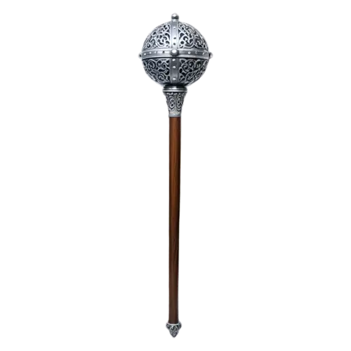 Mace with an openwork filigree steel globe head on a long wooden shaft, watercolor painting, transparent background
