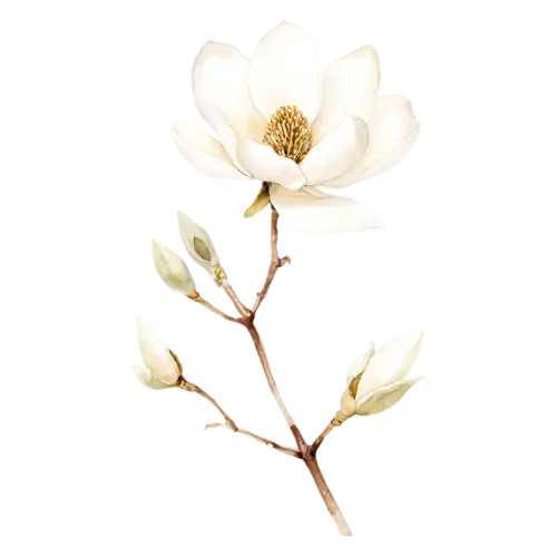 Magnolia with a wide-open white flower and golden center, large cupped blossoms in creamy white and soft pink with glossy green leaves, watercolor painting, transparent background