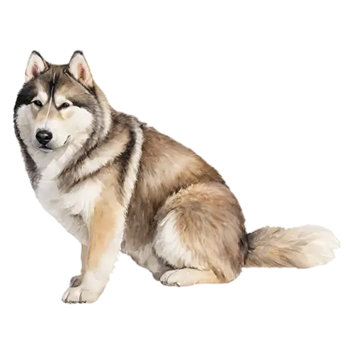 Alaskan Malamute sitting in side profile, thick grey-and-white fur, watercolor painting, transparent background