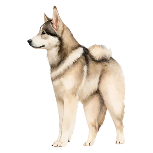 Alaskan Malamute standing in full body side view, thick grey-and-white fur, watercolor painting, transparent background