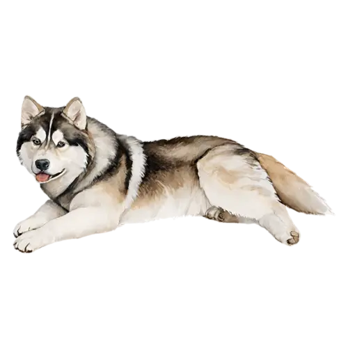 Alaskan Malamute sitting facing forward with a thick ruff, thick grey-and-white fur, watercolor painting, transparent background