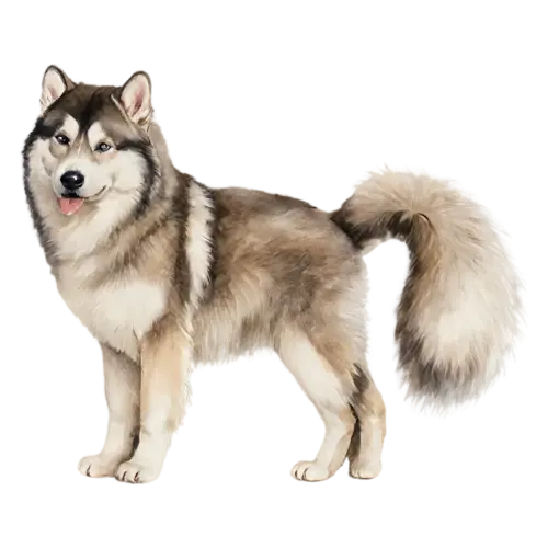 Alaskan Malamute lying down with paws stretched forward, thick grey-and-white fur, watercolor painting, transparent background