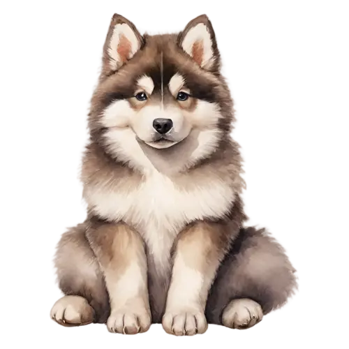 Alaskan Malamute standing alert in three-quarter view, thick grey-and-white fur, watercolor painting, transparent background