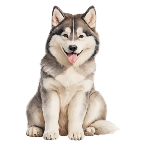 Alaskan Malamute walking in full body view, thick grey-and-white fur, watercolor painting, transparent background