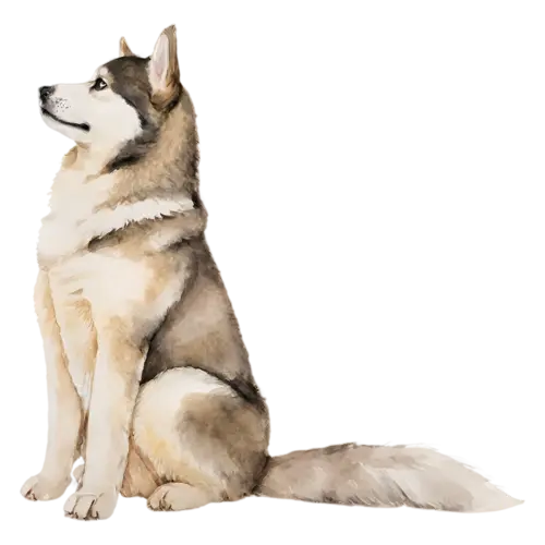 Alaskan Malamute sitting with head tilted, thick grey-and-white fur, watercolor painting, transparent background