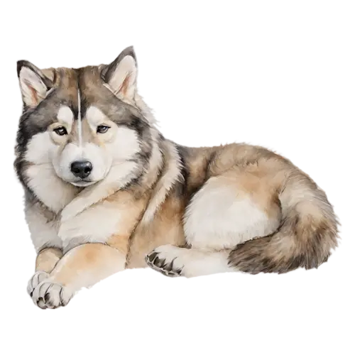 Alaskan Malamute sitting with plumed tail curled over the back, thick grey-and-white fur, watercolor painting, transparent background